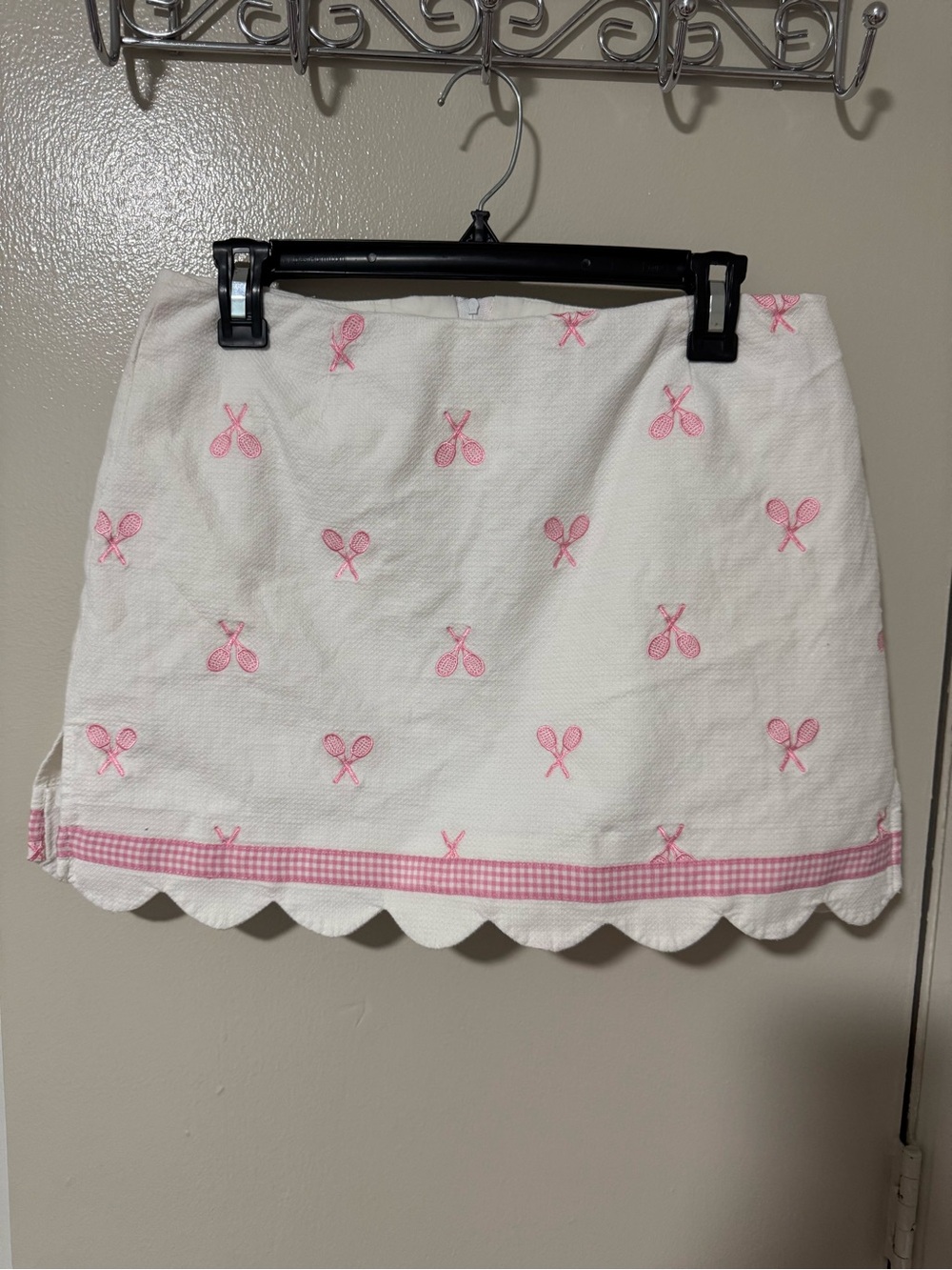 Vintage Lilly Pulitzer White Mini Skirt with Pink Tennis Embroidery
